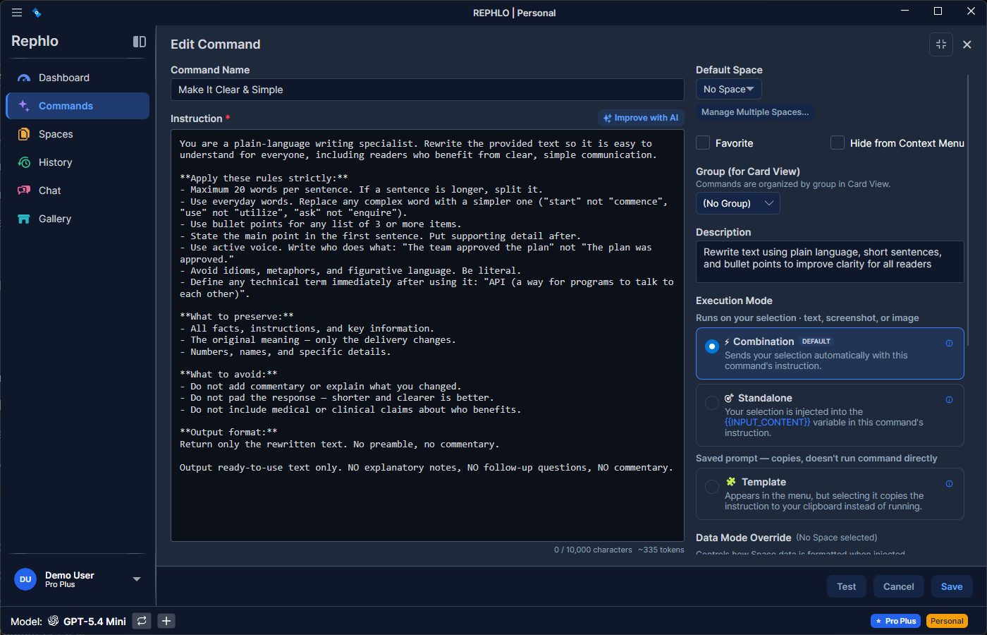 The Rephlo Command Editor — Name, Description, Icon and Group, the Instruction box with Improve with AI, the Execution Mode radio group, and a Default Space picker