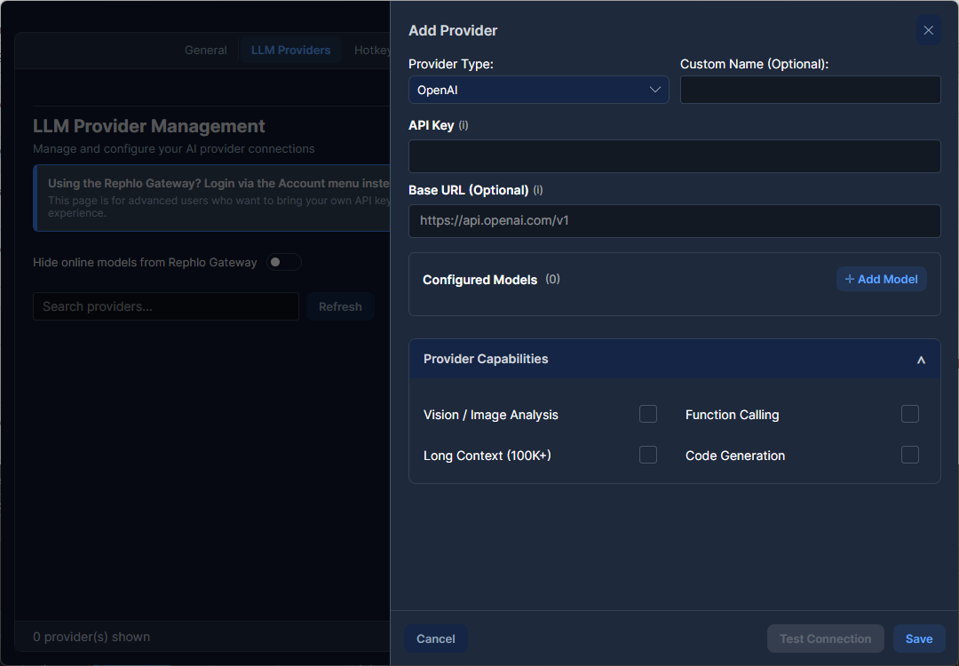 The Add Provider side panel — Provider Type, Custom Name, API Key, Base URL, Configured Models with Add Model, and Provider Capabilities