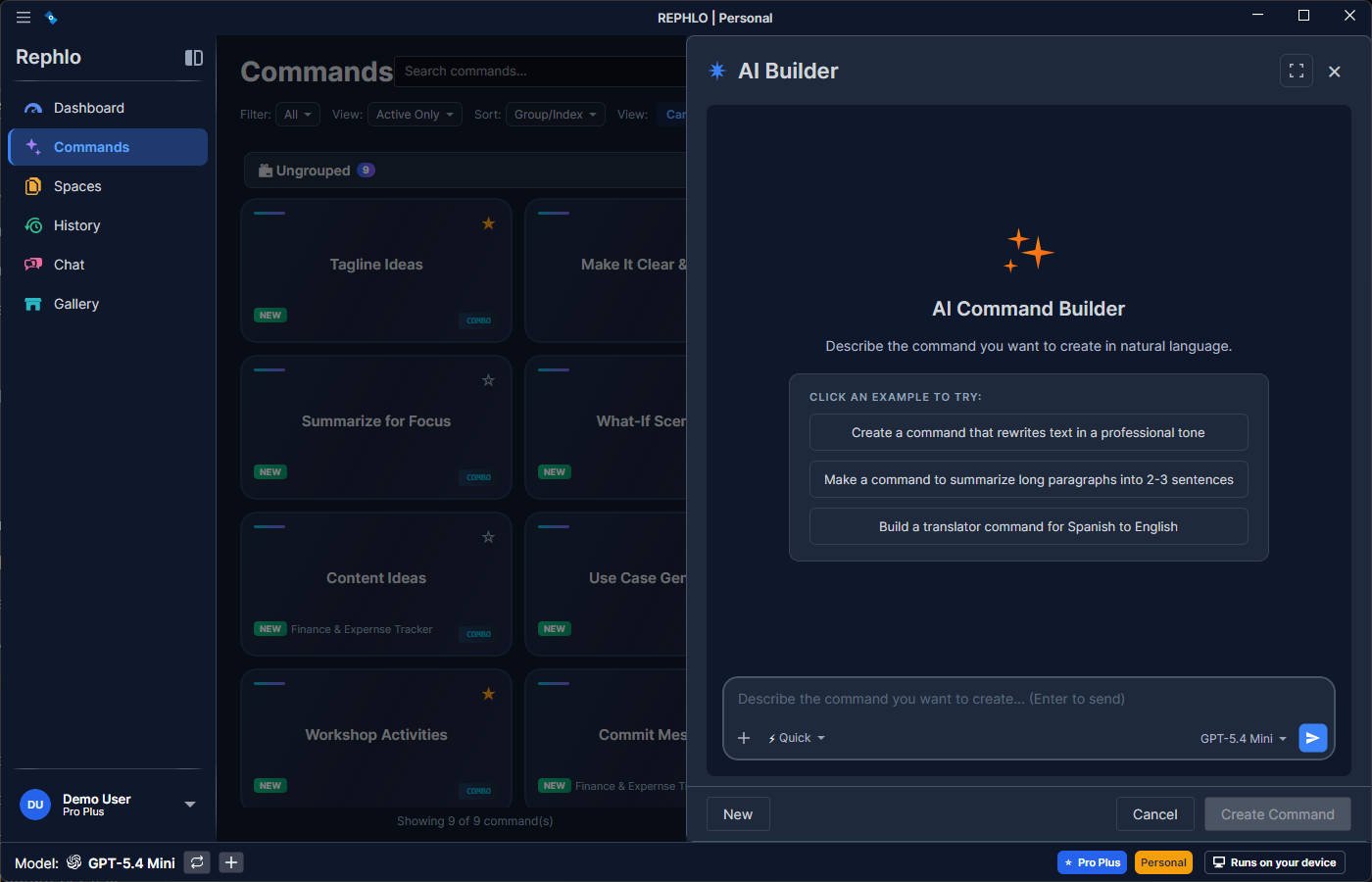 The AI Command Builder — describe what you want and Rephlo drafts a ready-to-use command