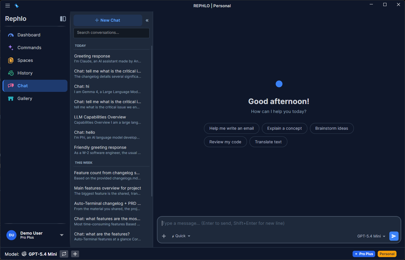 The Chat view — a conversation with the AI, the model selector, and attached Spaces