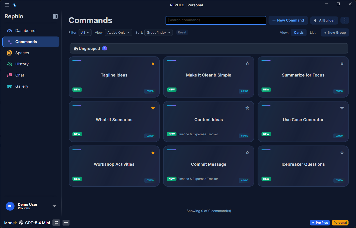 The main window — left sidebar (Dashboard, Commands, Spaces, History, Chat, Gallery, Settings) beside the selected section