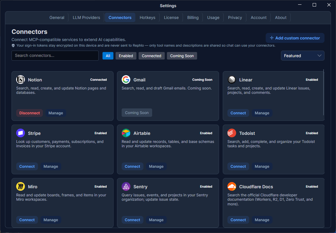 The Connectors tab — a search box, filter chips (All / Enabled / Connected / Coming Soon), a sort dropdown, and a grid of connector cards with Connect / Manage / Disconnect