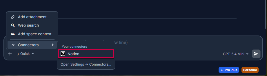 The chat composer's "+" menu with the Connectors submenu open — connected connectors listed under "Your connectors," plus an "Open Settings → Connectors…" shortcut