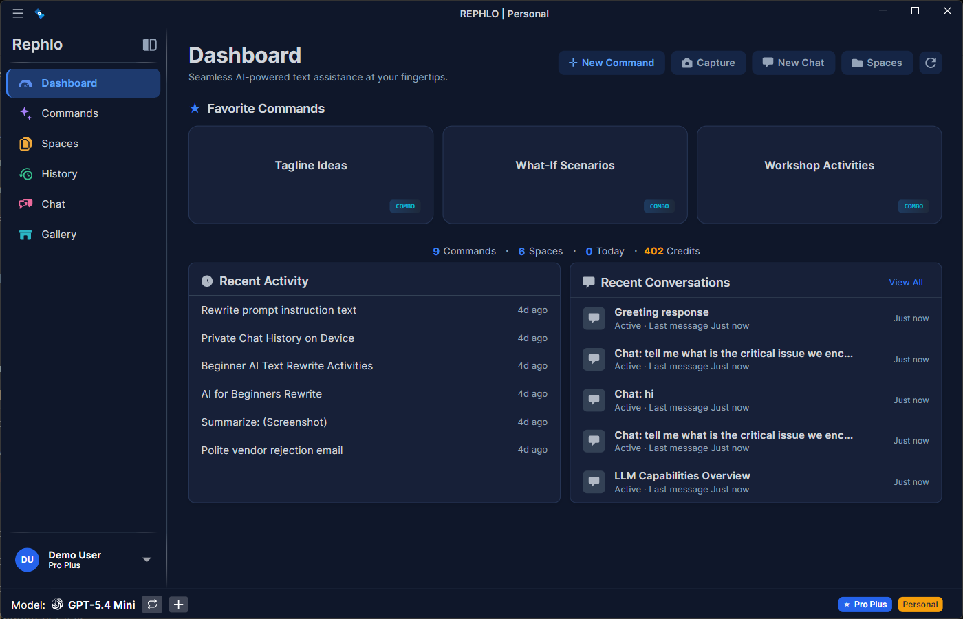 The Rephlo desktop Dashboard — Quick Actions, Favorite Commands, a stats bar, Recent Activity and Recent Conversations