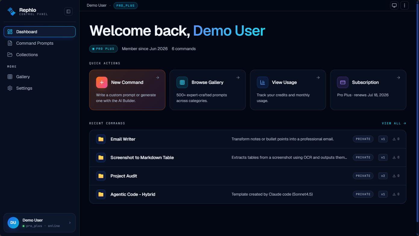 The web Control Panel home — the welcome banner, Quick Actions cards, and the Recent Commands list