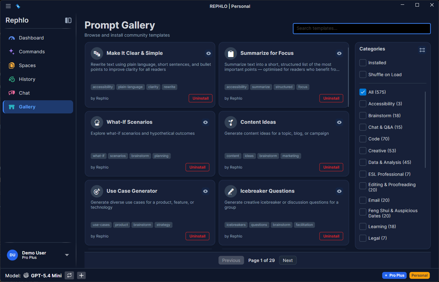 The desktop Gallery — browse and install ready-made commands and templates