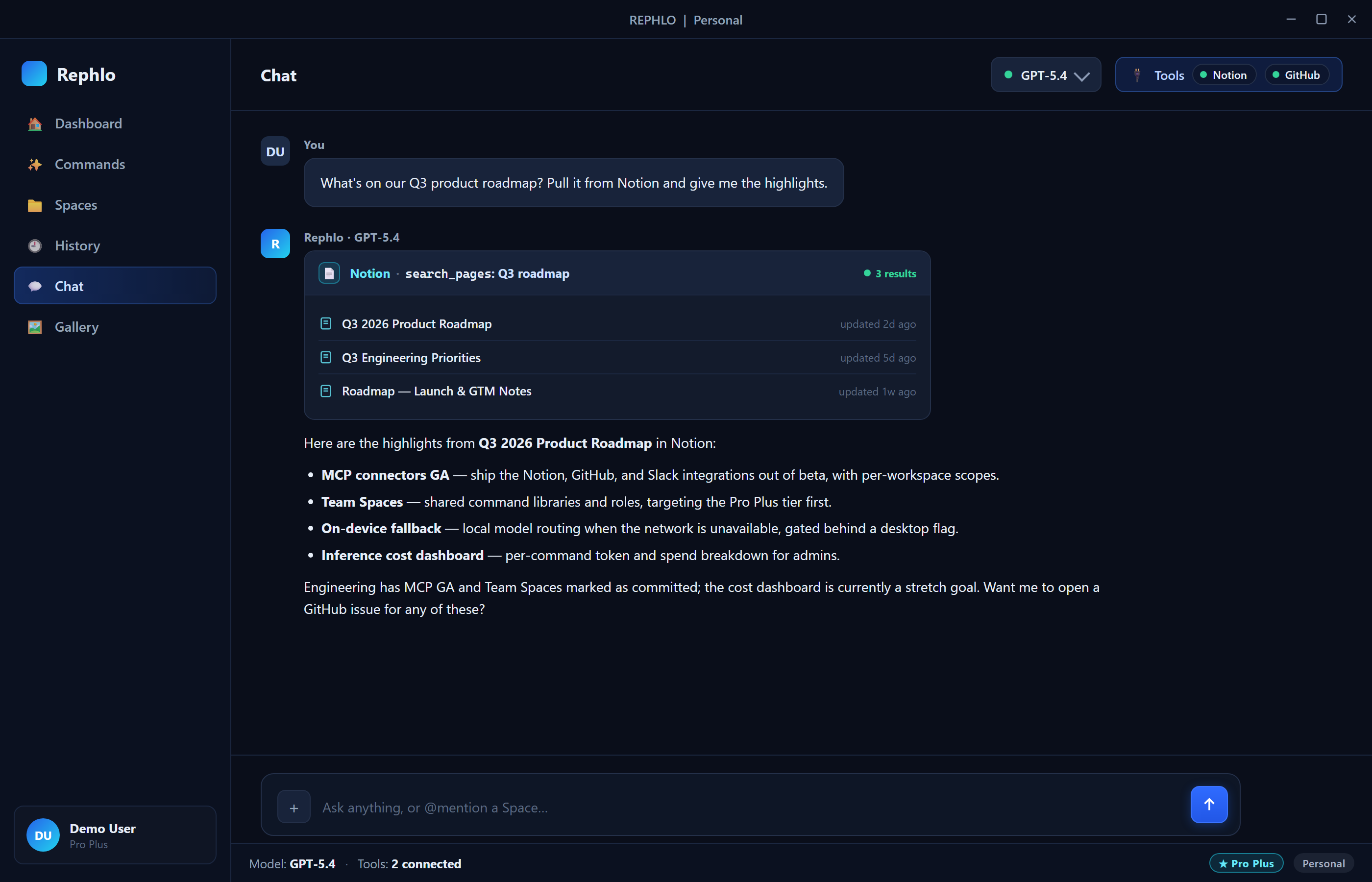 A chat using MCP tools — enabled connectors, a Notion tool call with results, and a grounded answer