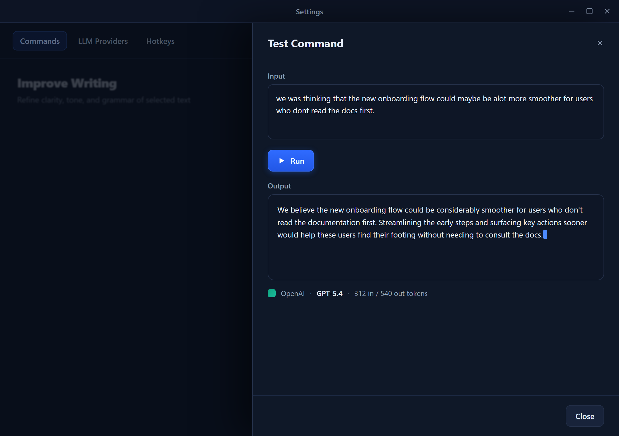 The Test panel — an Input area, a Run button, the streamed Output, and a provider/model/tokens status line