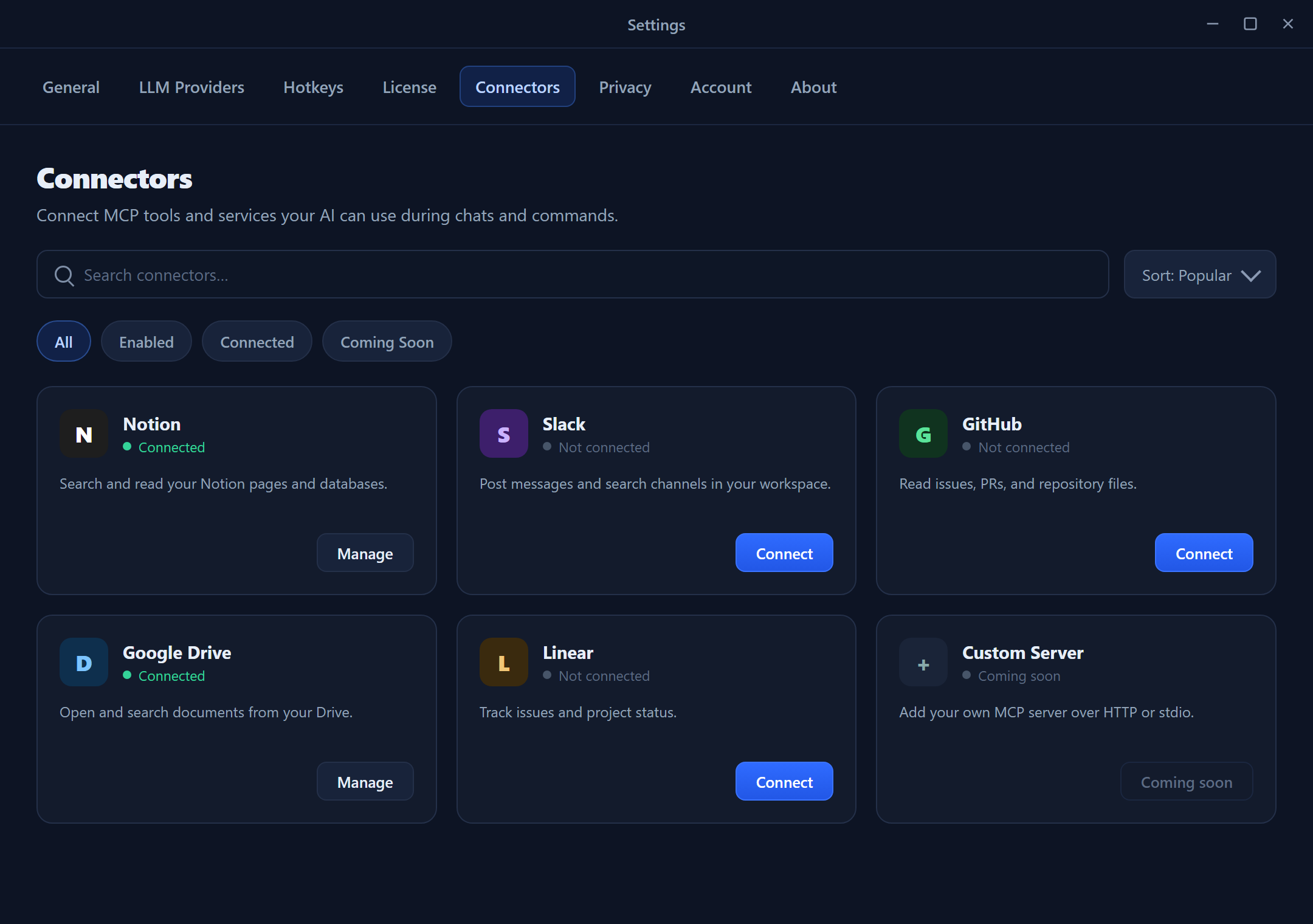 The Connectors tab — a search box, filter chips, a sort dropdown, and a grid of connector cards with Connect/Manage