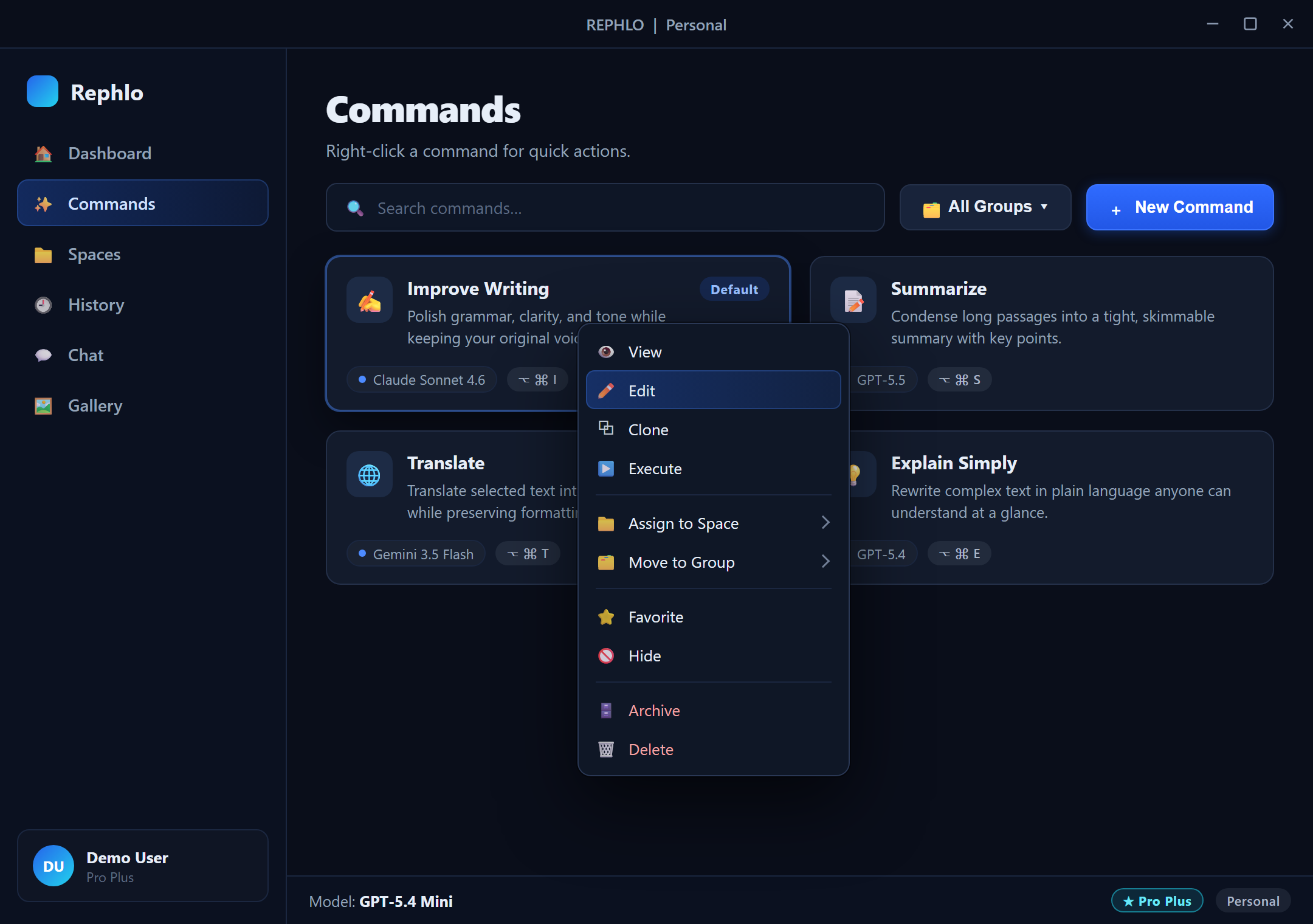 The right-click context menu over a command card — view/edit/clone/execute, assign-to-Space and move-to-group, favorite/hide, and archive/delete
