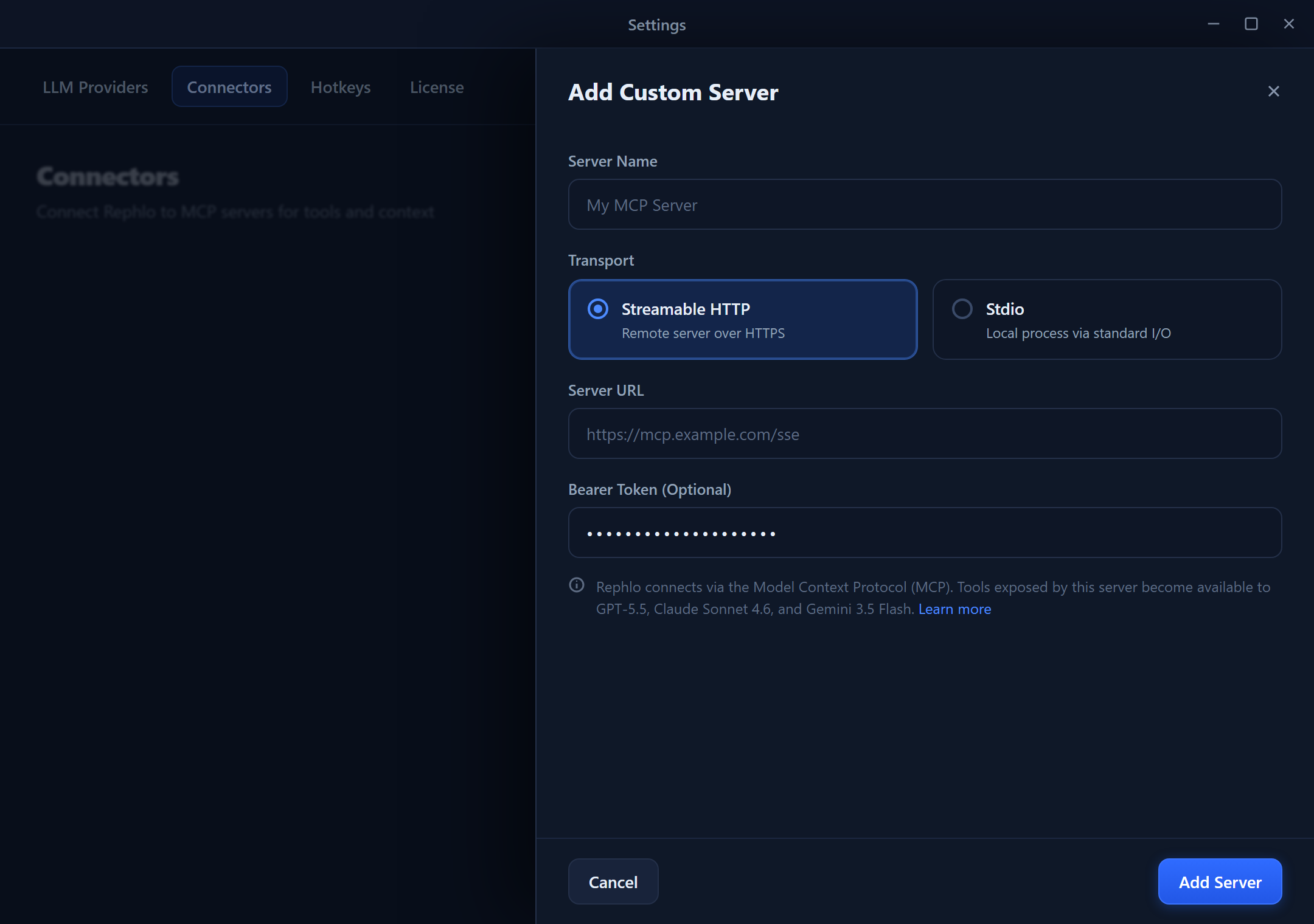 The Add Custom Server panel — transport (Streamable HTTP vs Stdio), config fields, and a bearer token
