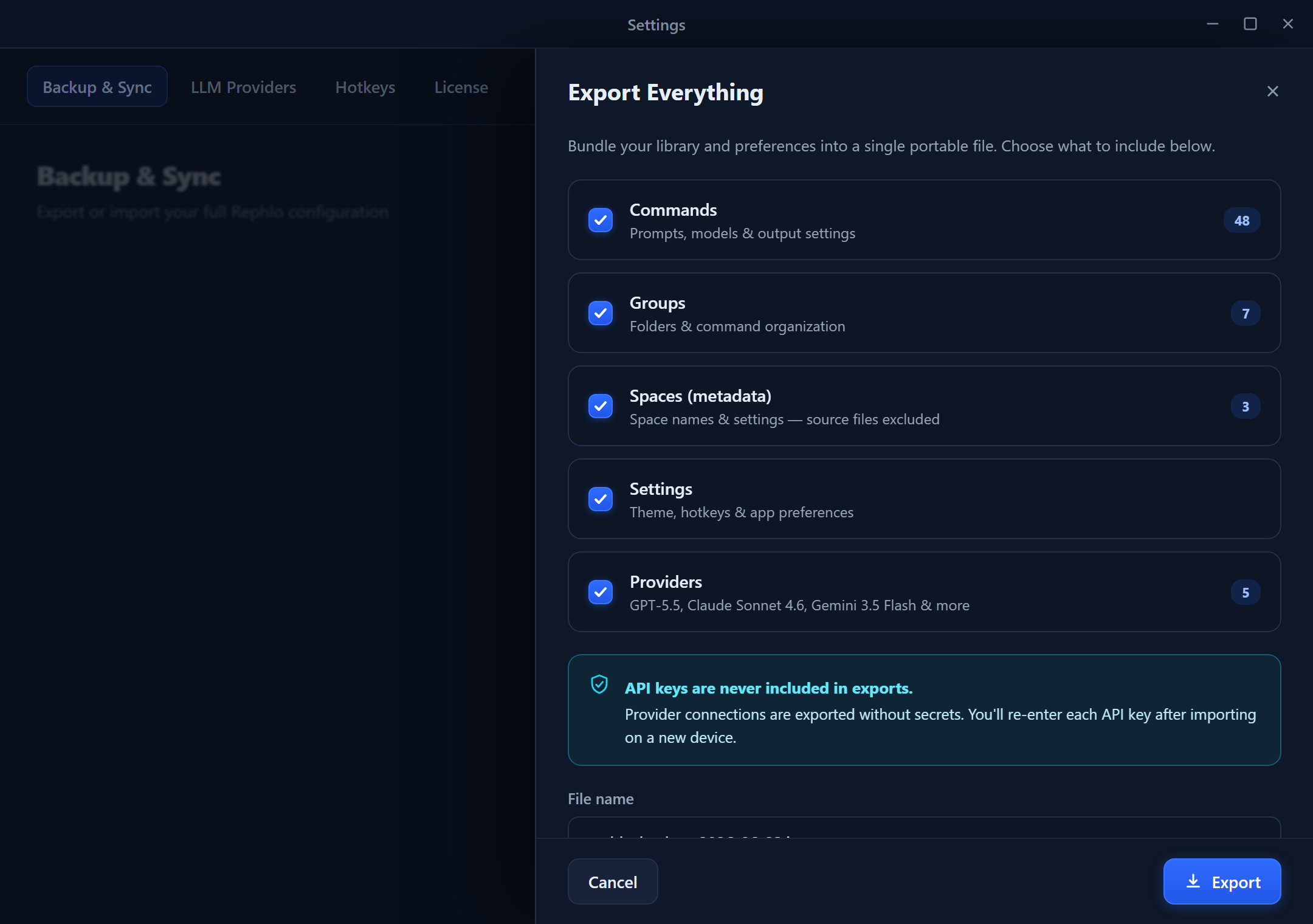 The Export Everything panel — pick what to include (API keys excluded) and save a full backup