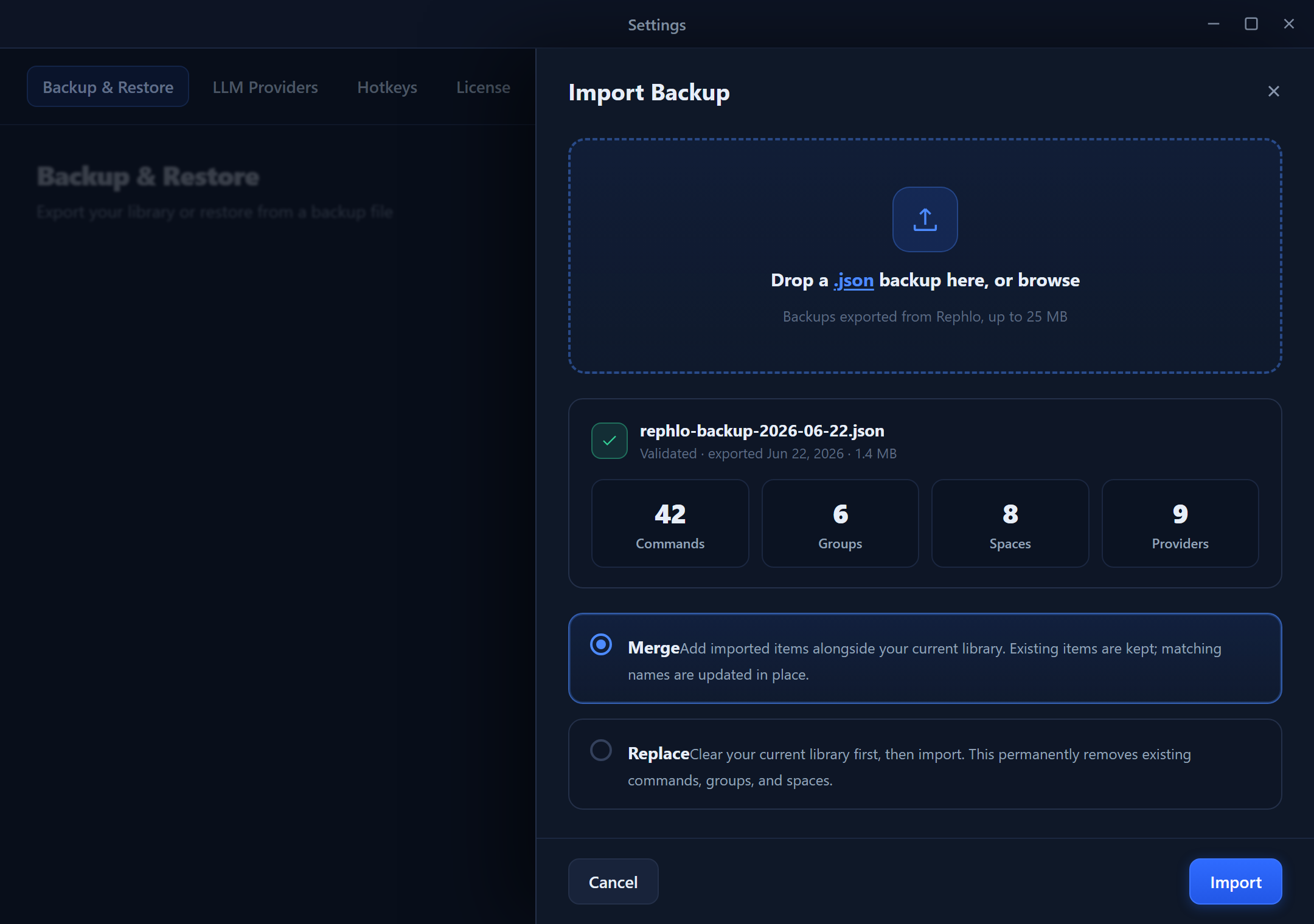 The Import Backup panel — drop a backup file, preview its contents, and merge or replace