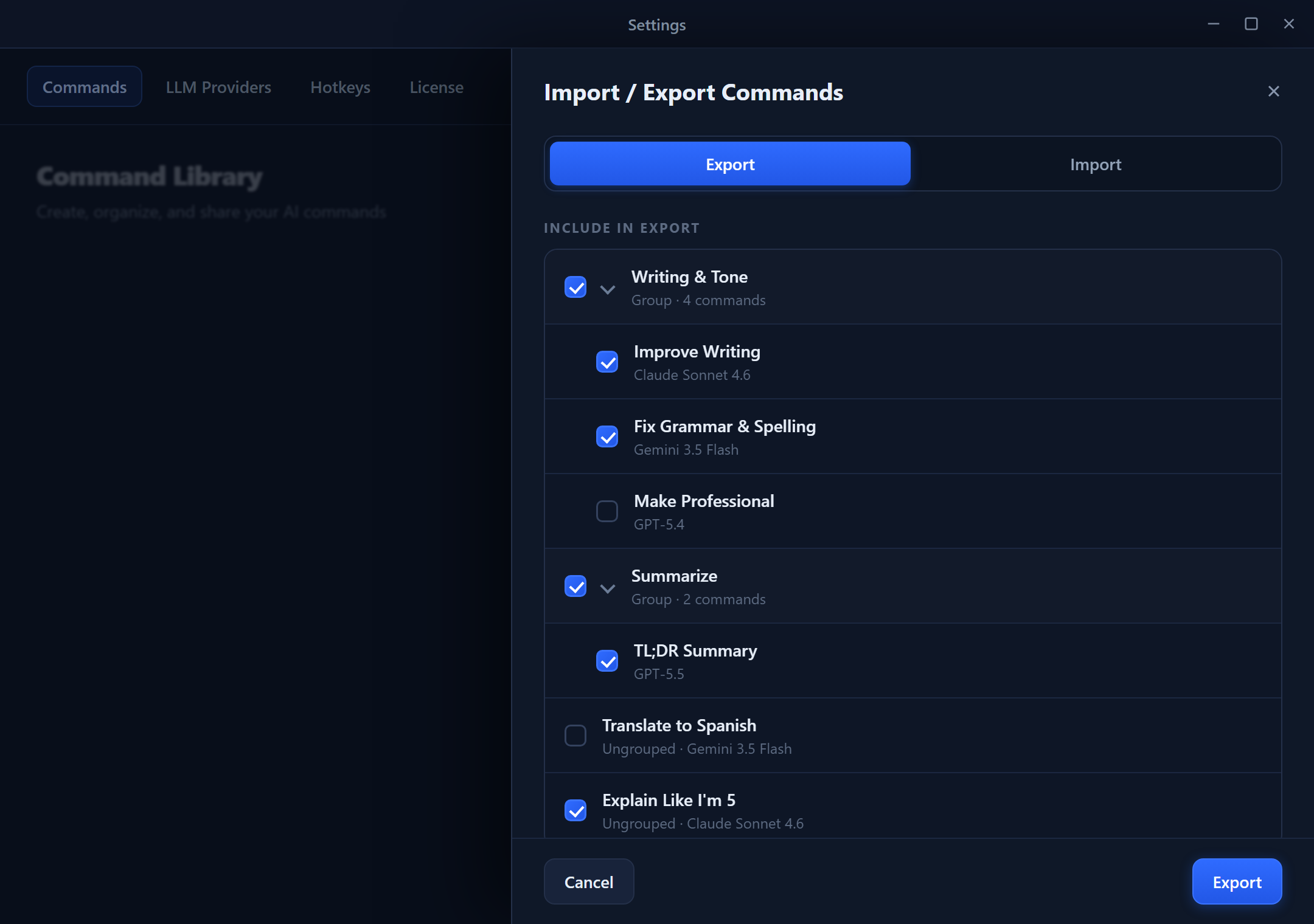 The Import / Export Commands panel — choose what to include and export to a .json file