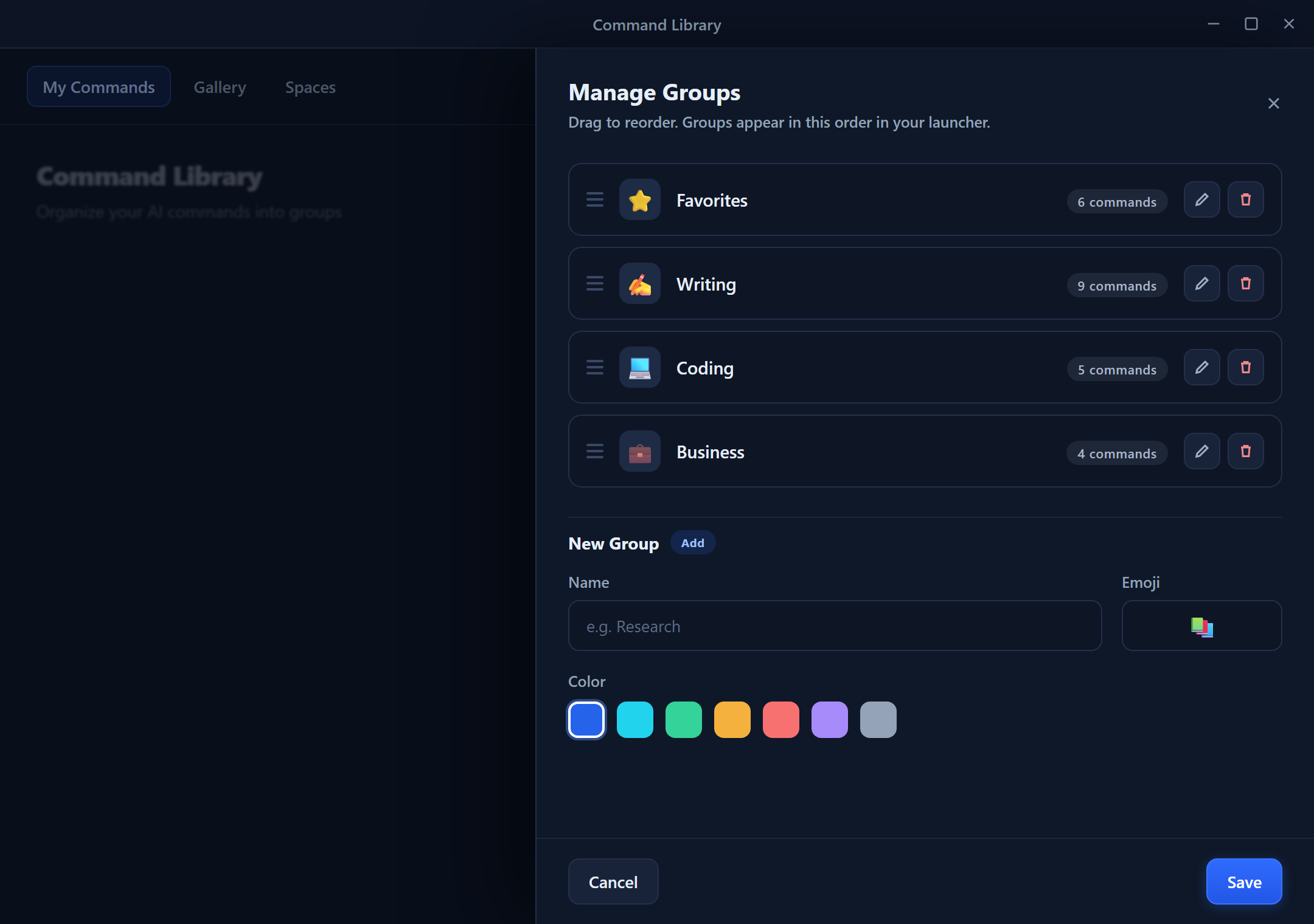 The Manage Groups panel — a reorderable list of groups with emoji, command counts, and edit/delete, plus a New Group form