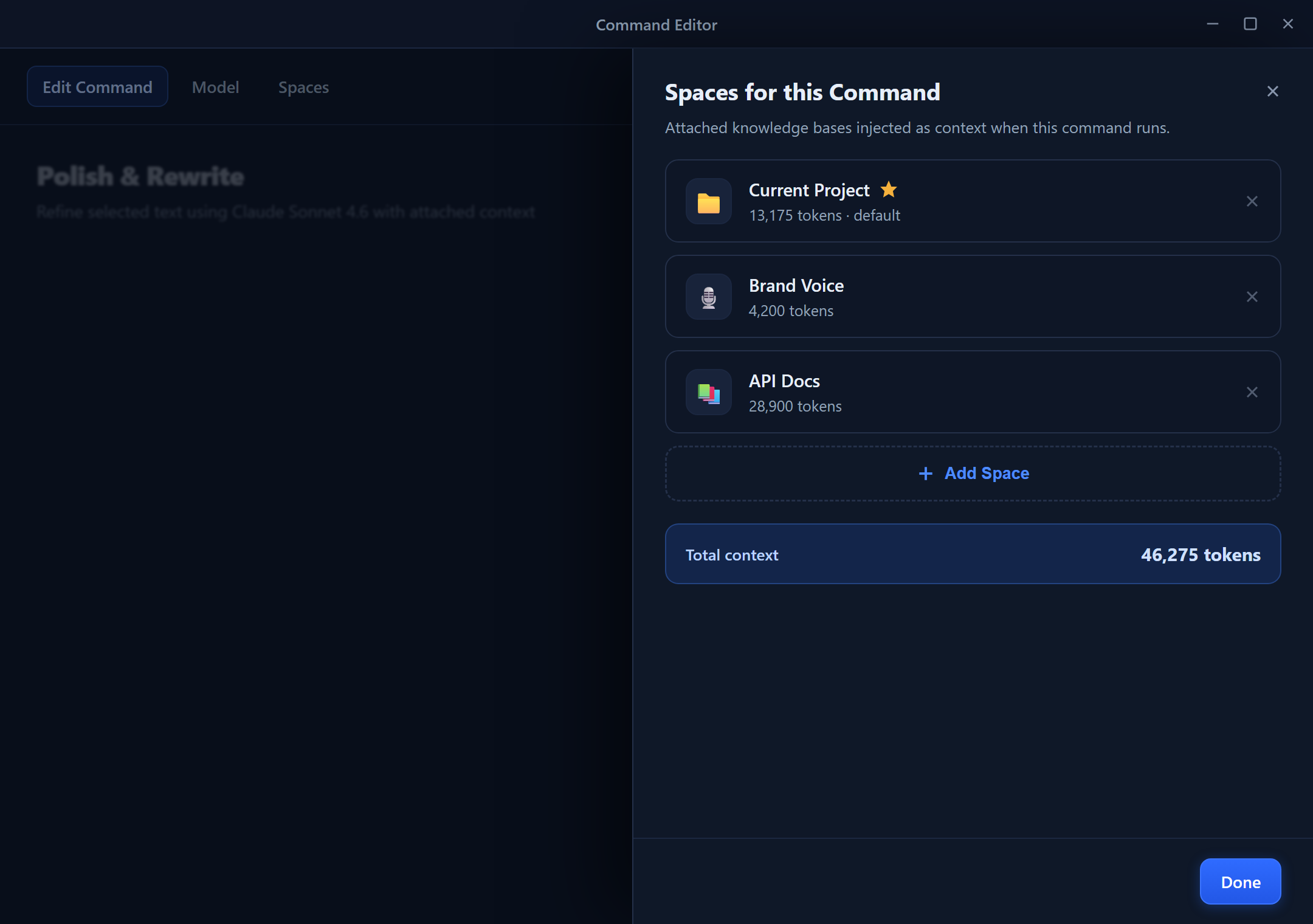 The multi-Space panel — each assigned Space with its token count and a default-Space star, an Add Space button, and the running total context size