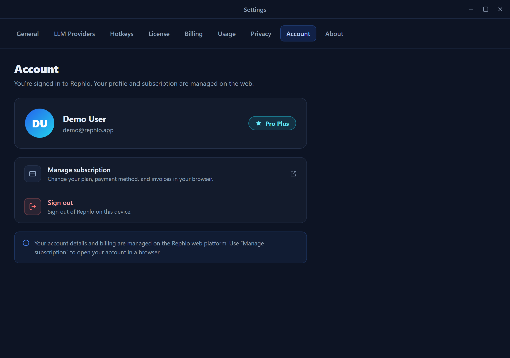 The Account tab — signed-in account, plan badge, manage subscription, and sign out
