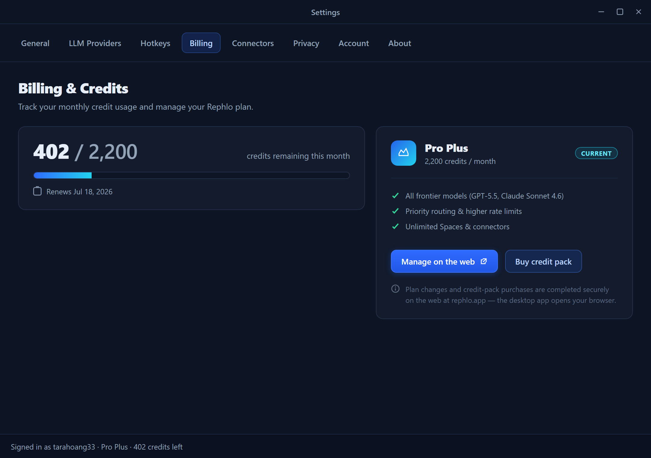 The Billing tab — monthly credits with a progress bar, plan, renewal date, and manage-on-the-web