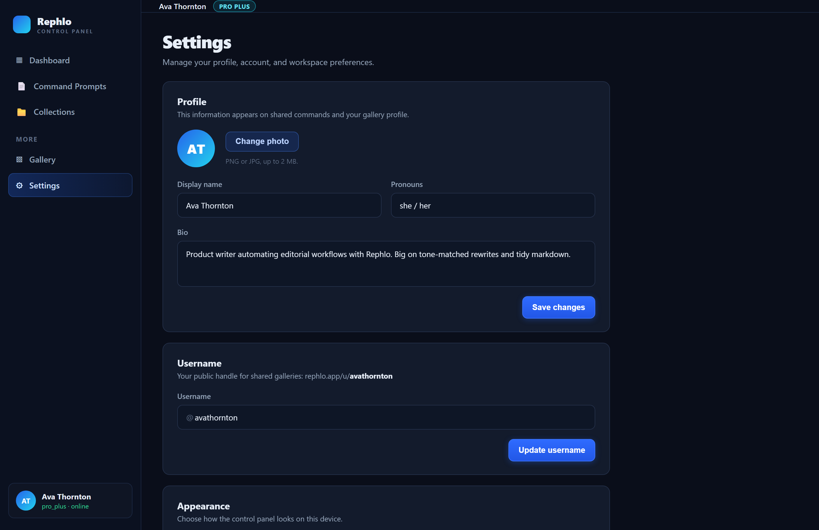 The web Account Settings — a column of cards (Profile, Username, Appearance, Notifications, Account, Workspaces) and a Danger Zone
