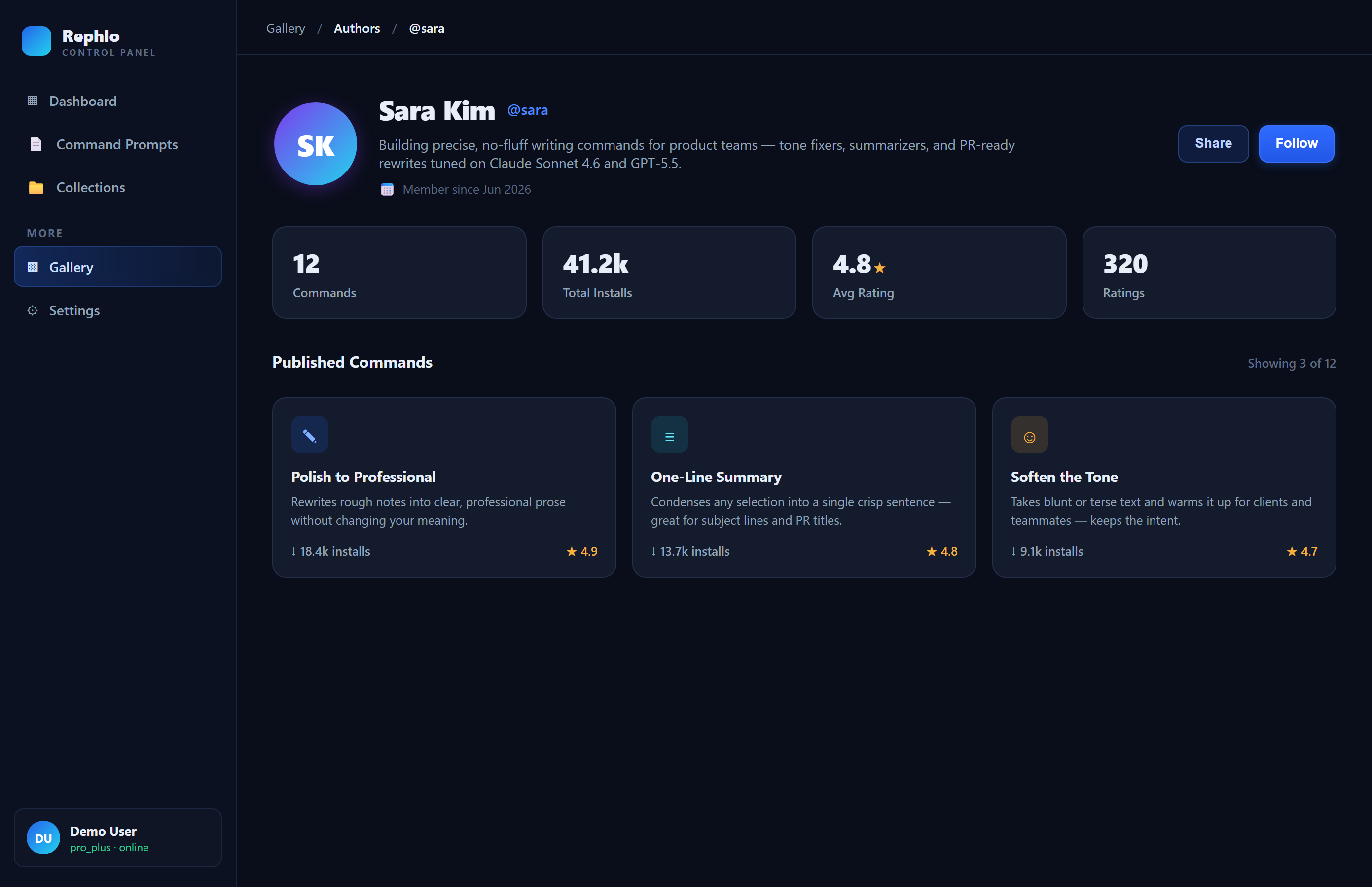 The public author profile — a header, a row of stat cards (Commands, Installs, Avg Rating, Ratings), and a grid of published commands