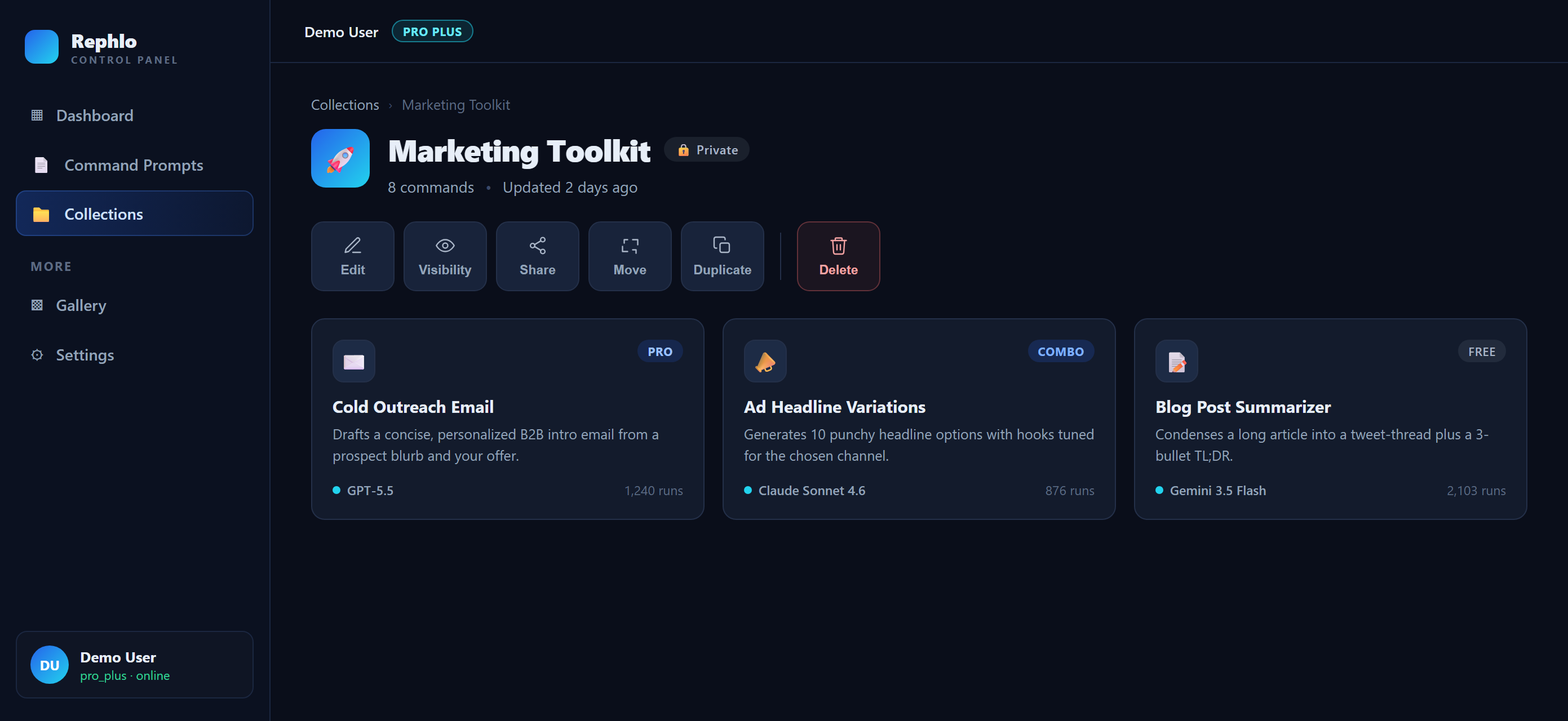 A collection detail toolbar — edit, visibility, share, move, duplicate, and delete