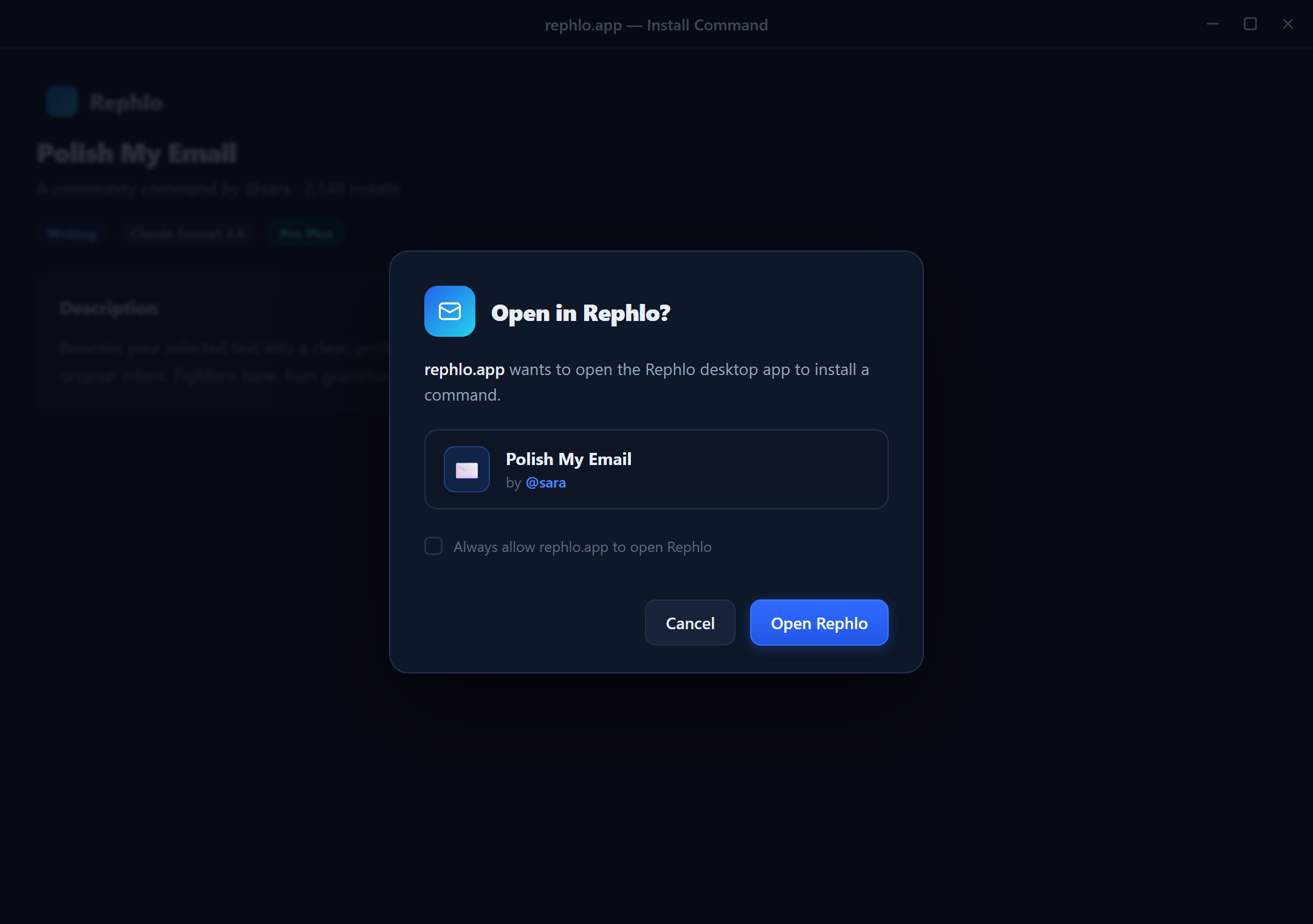 The Open in Rephlo deep-link prompt confirming a command install from the web