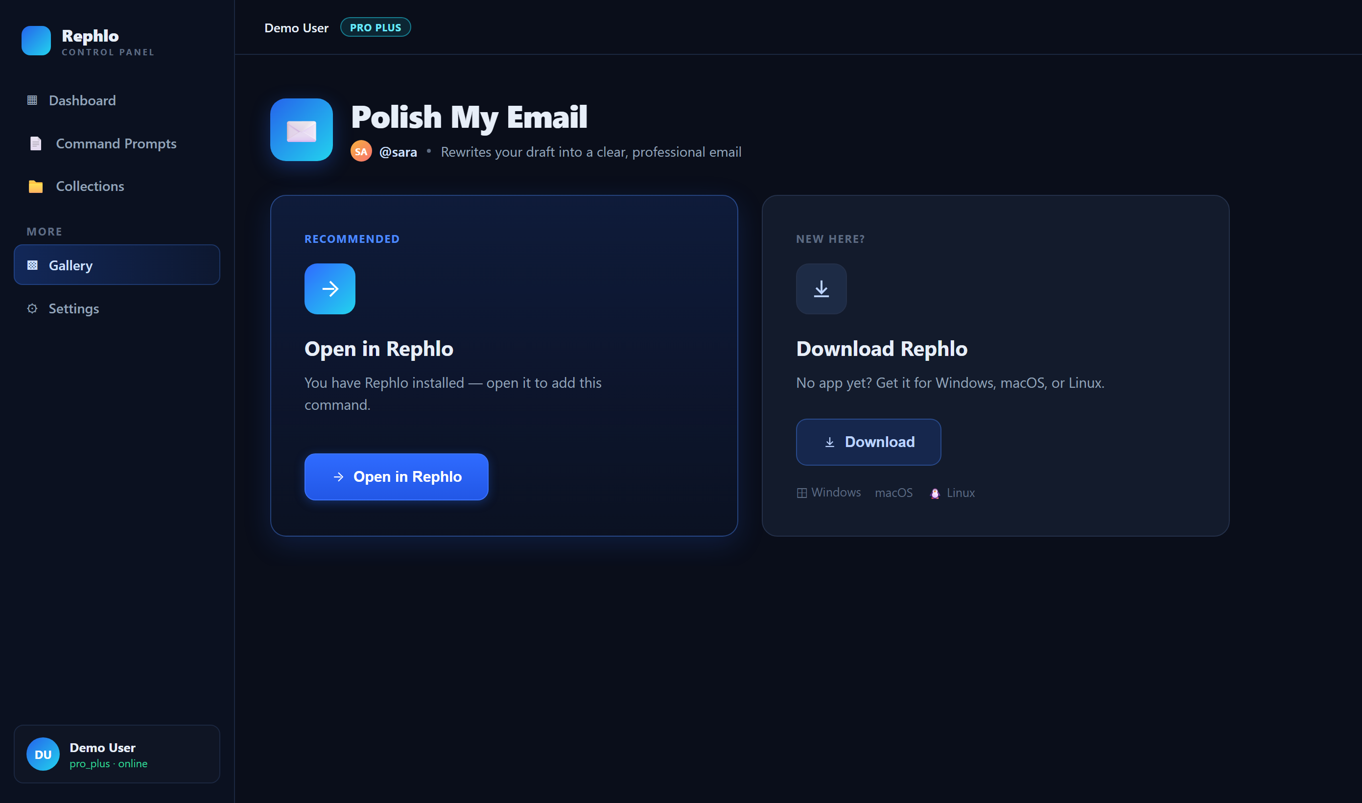 The web Install page — Open in Rephlo and Download Rephlo cards