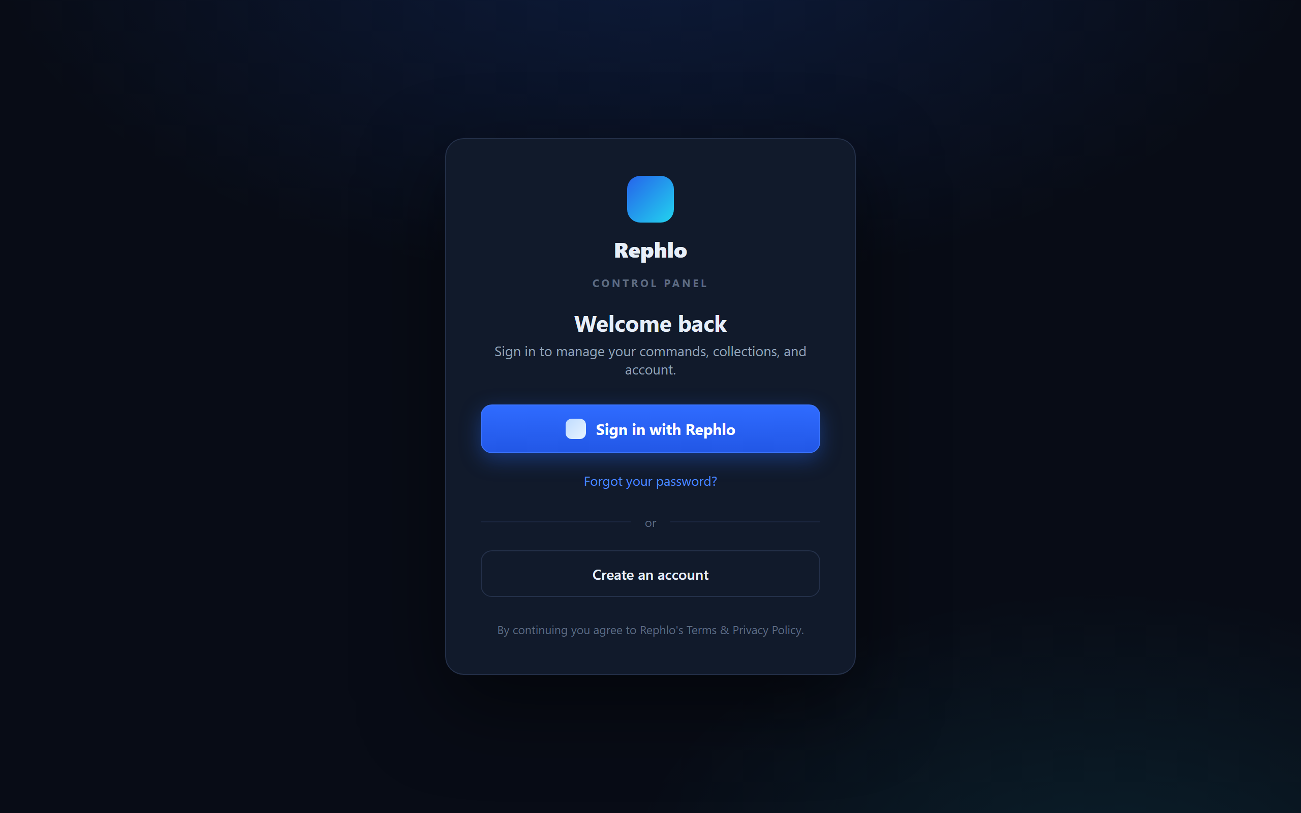 The web sign-in card — Sign in with Rephlo, a forgot-password link, and a create-account option