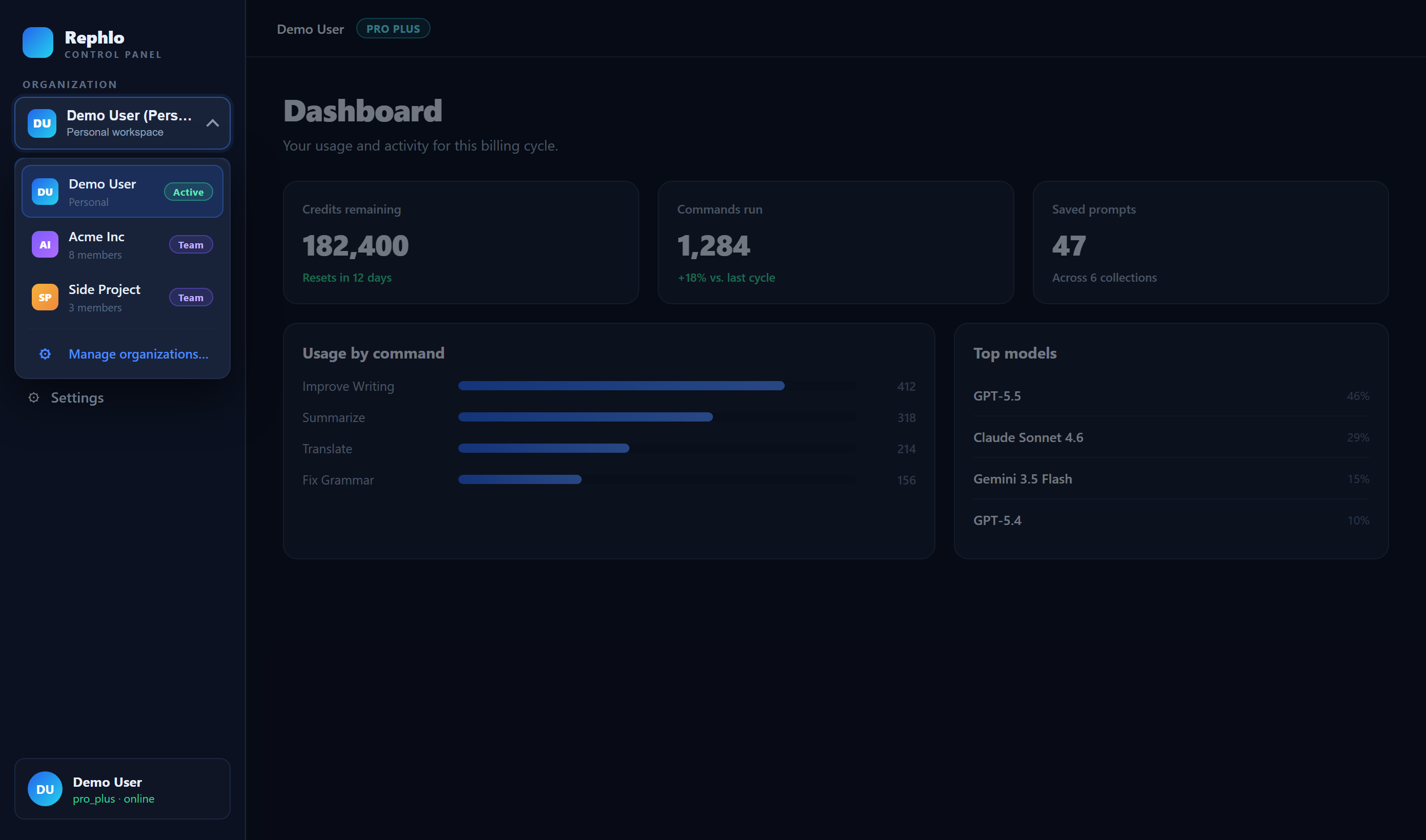 The workspace switcher menu — a personal workspace and a team workspace