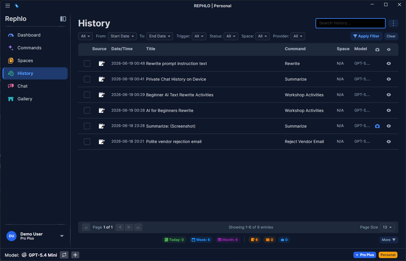 The History list — runs grouped by day with time, command, provider, and an input/result preview