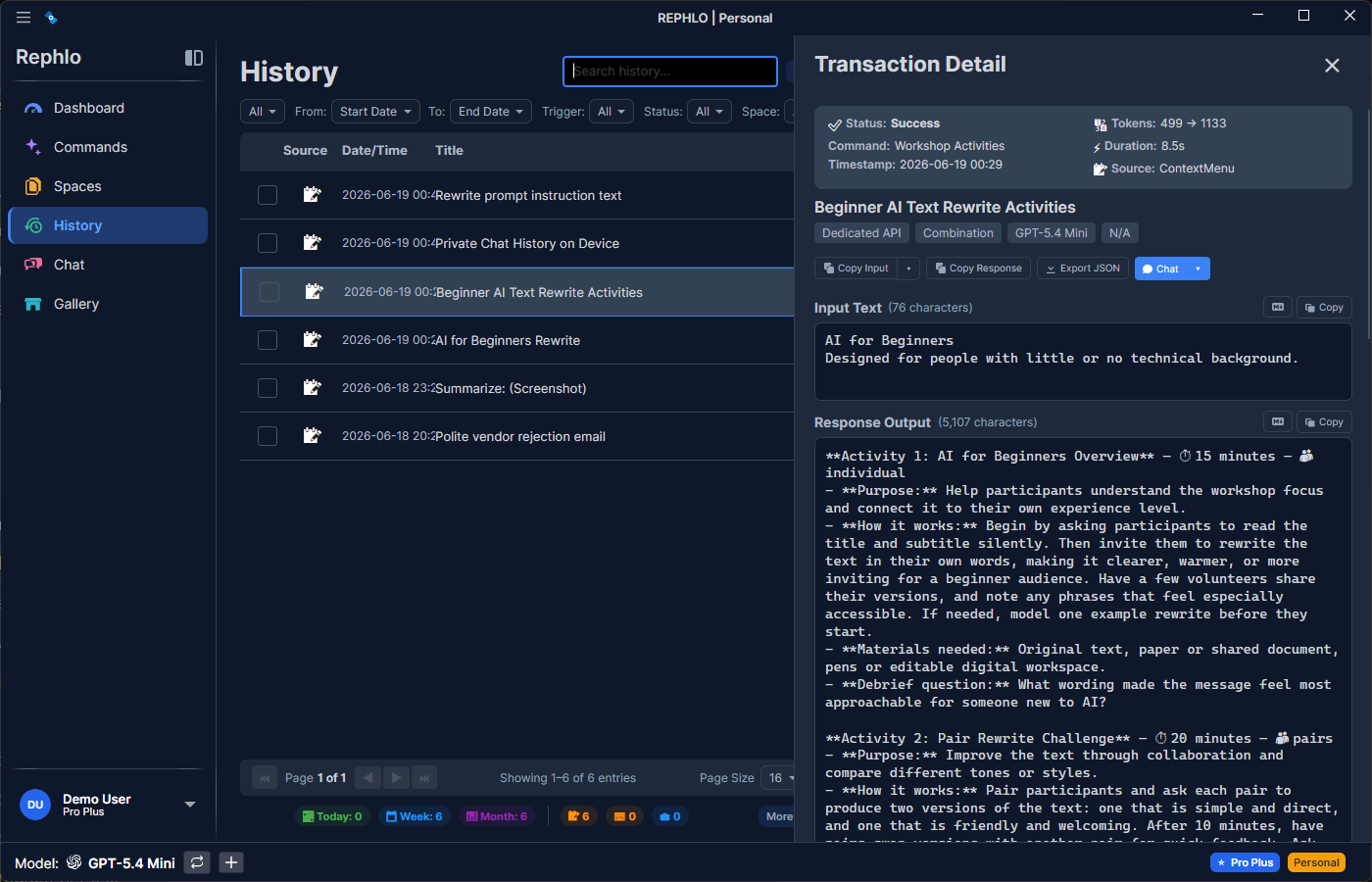 A history detail — metadata header, the full Input and Output, and Copy Input / Copy Output / Run Again
