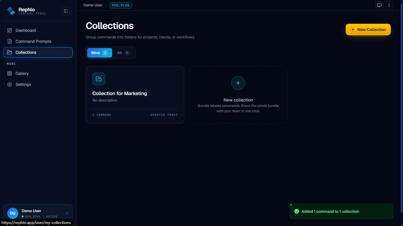 The Collections overview — Mine / Team / All tabs and a grid of collection cards