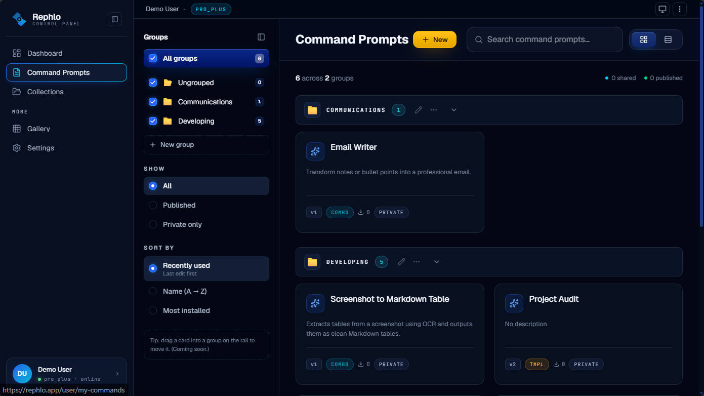 The My Commands page — a left rail of groups, a grid of command cards, and the toolbar