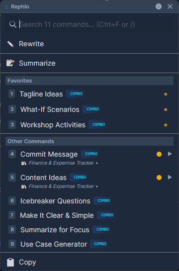 The Rephlo command overlay near the cursor — the active selection, a search box, and a list of matching commands