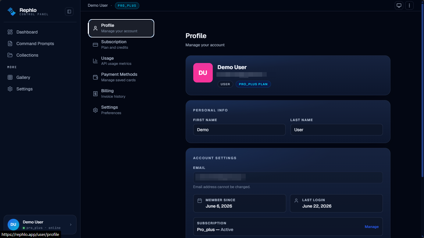The web profile page — header card with avatar/name/role/plan, a Personal Info form, Account Settings, and an Organization card