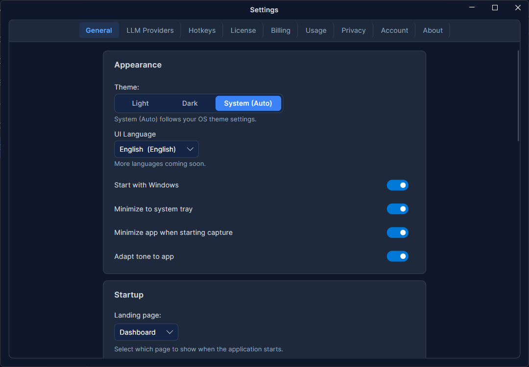 The Settings window — tabs across the top (General, LLM Providers, Hotkeys, License, …) with the General tab selected