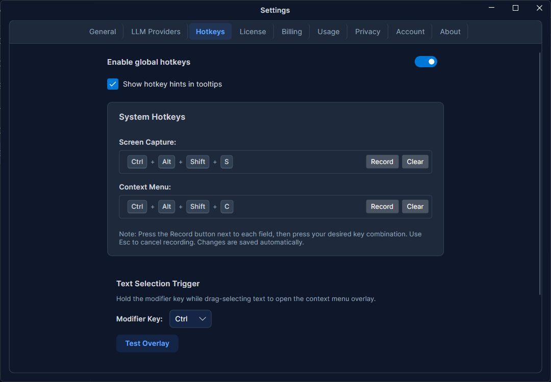 The Hotkeys tab — Context Menu and Screenshot hotkeys with Change buttons, toggles, the trigger picker, and Test Overlay