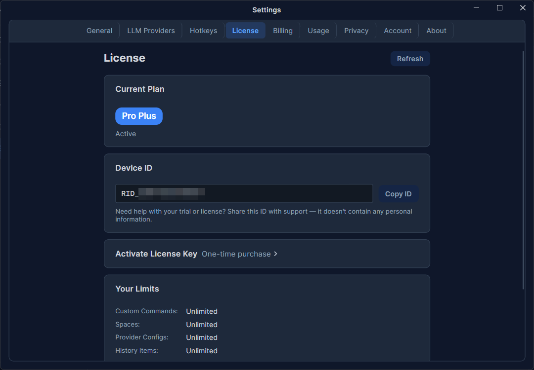 The License tab — current plan name, trial/subscription status, and a Refresh button
