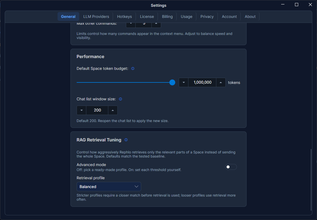 The RAG Retrieval settings — a strictness profile picker (Very Lenient … Strictest) and tuning controls