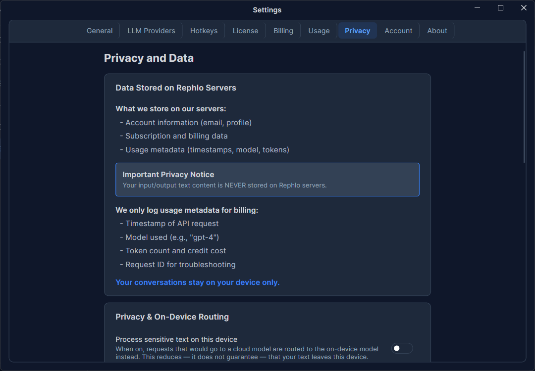 The Privacy tab — history retention, Export/Clear data, privacy-routing toggles, and PII redaction
