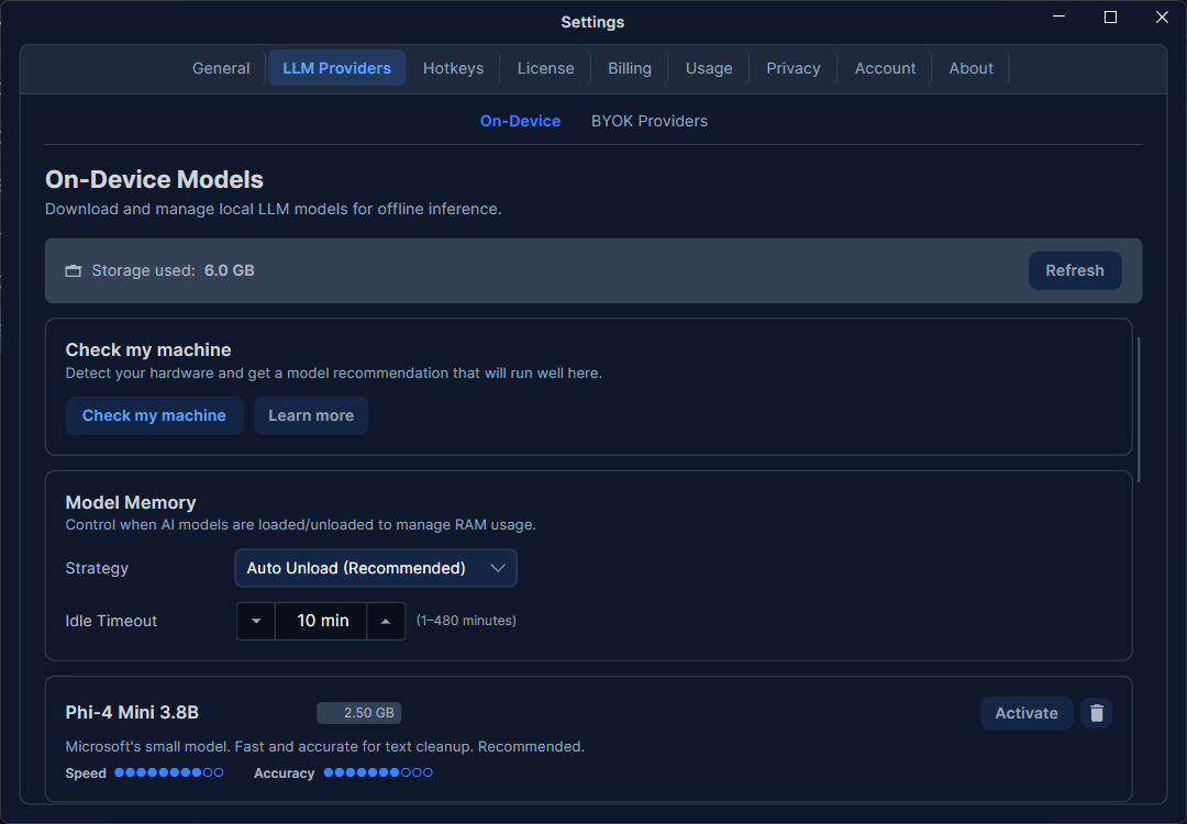 The LLM Providers tab in Settings, showing the On-Device and BYOK Providers sub-tabs