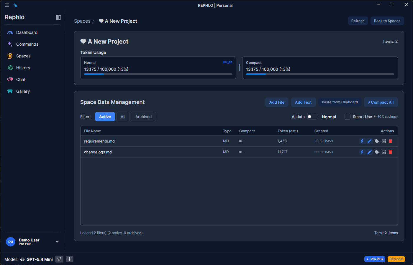Space data view — the Smart Search / Compact selector with its info tooltip and live helper line, the Normal vs Compact token-usage cards, and the per-file list with compaction actions