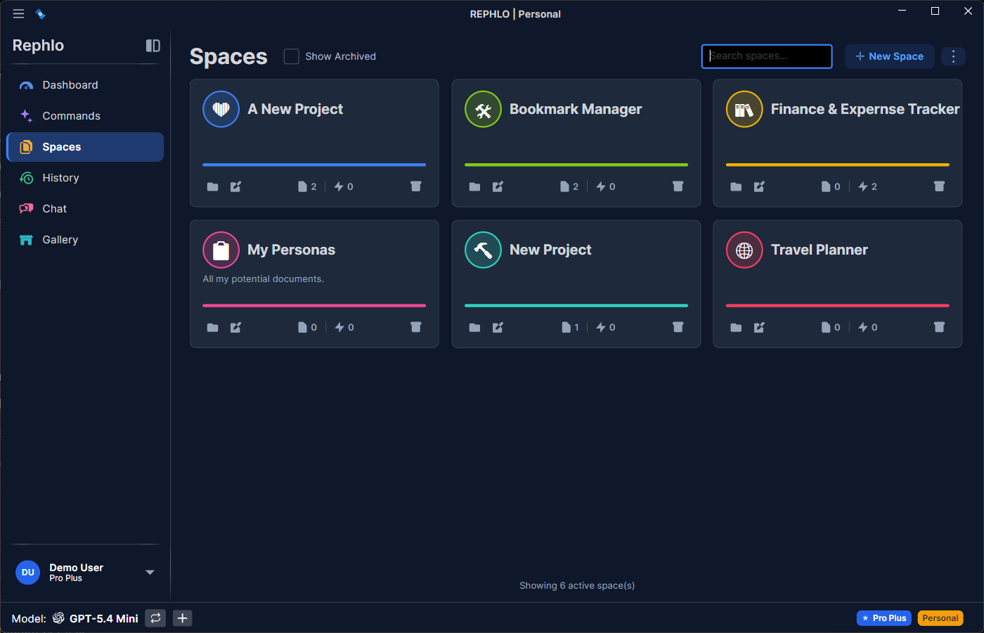 The Spaces panel — Space cards showing emoji/color, an active marker, file count, token usage vs budget, and last-updated